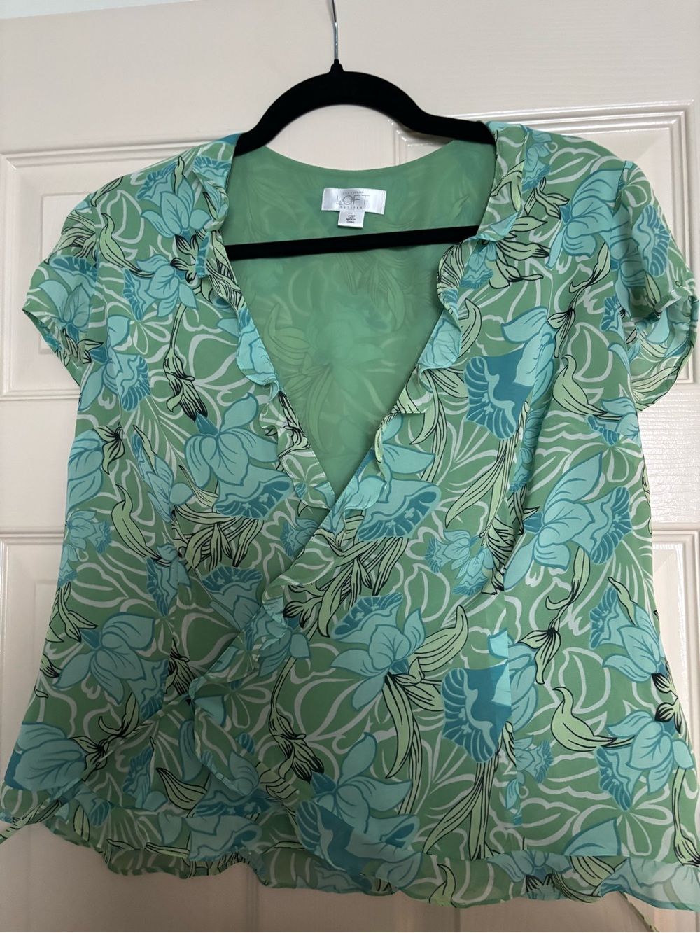 LOFT Y2K Green and Aqua Floral Wrap Top